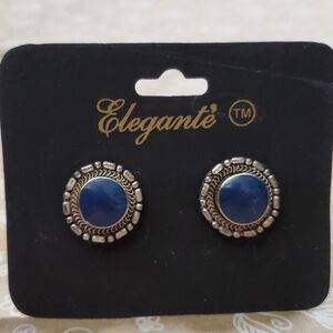 Elegante' Vintage Clip Earrings**Blue Circles In Silver**NOS**Style 3027